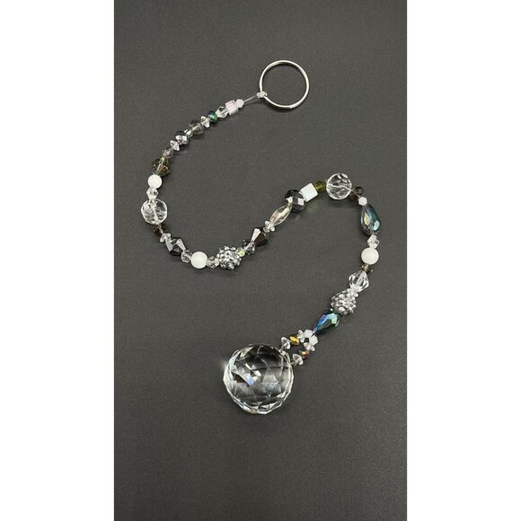 Beaded Suncatcher White Silver Clear Crystal Prism Hanging Patio Decor Yard Art - Picture 2 of 10